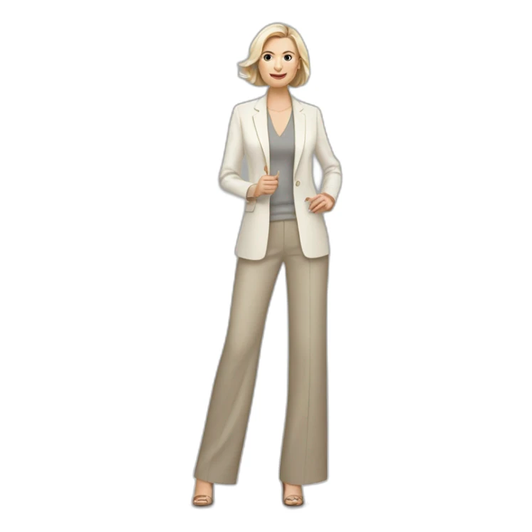 Full height Actively gesturing with hands pale skin woman with ash blonde Straightened bob Hair, White Spacious classical jacket, beige palazzo Arrow pants and gray blouse sticker