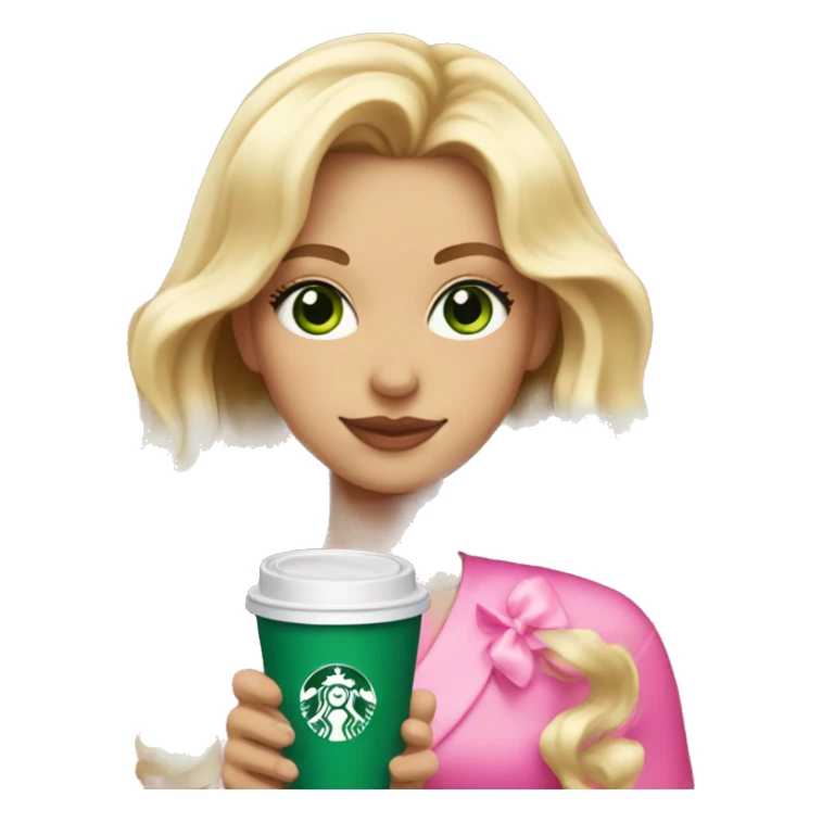 blonde with bright green eyes drinking pink starbucks wearing a pink bow in long wavy blonde hair sticker