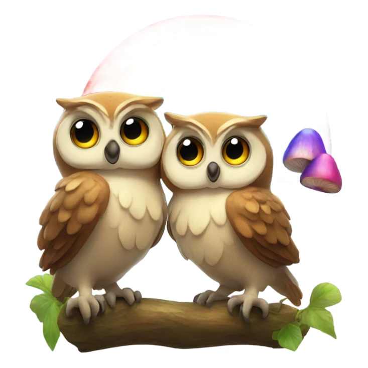 Two owls excited about a lot of rainbow mushrooms  sticker
