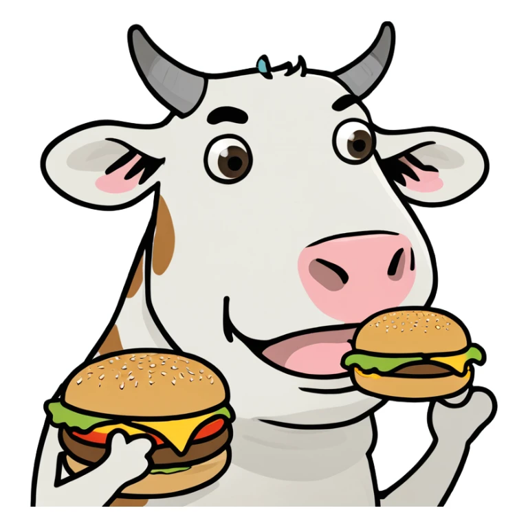 cow on a stool standing on two legs eating a burger sticker