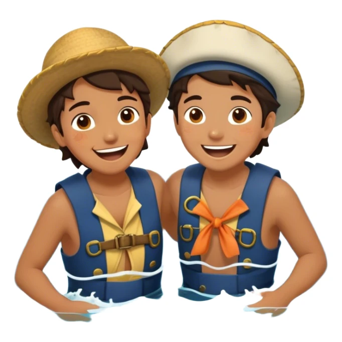 Two friends, dressed as seafaring explorers, splash each other in the ocean, laughing as their eyes lock in pure joy and appreciation. The sun glistens on the water, highlighting their deep connection and the simple happiness of the moment.  sticker