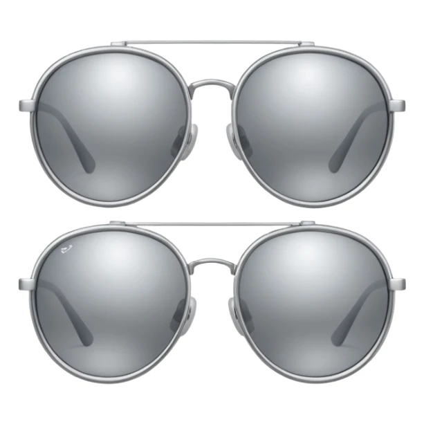 A pair of luxury sunglasses emoji with silver chrome frame, smooth rounded lenses, reflective metallic surface, high-end swag aesthetic, minimal and clean design, iOS emoji style, centered, white background sticker