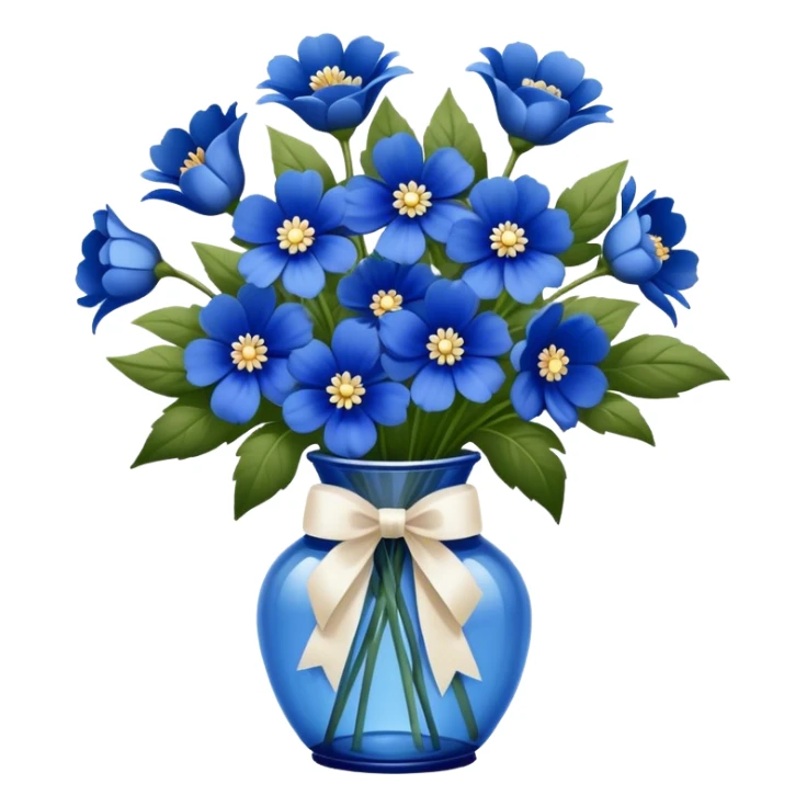 "A glass vase filled with deep blue flowers, tied with a soft ribbon, elegant and vintage-inspired." sticker