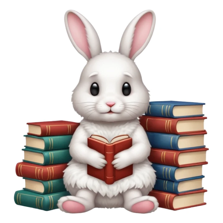 White rabbit sitting on 4 legs next to a stack of books consisting of 3 books sticker