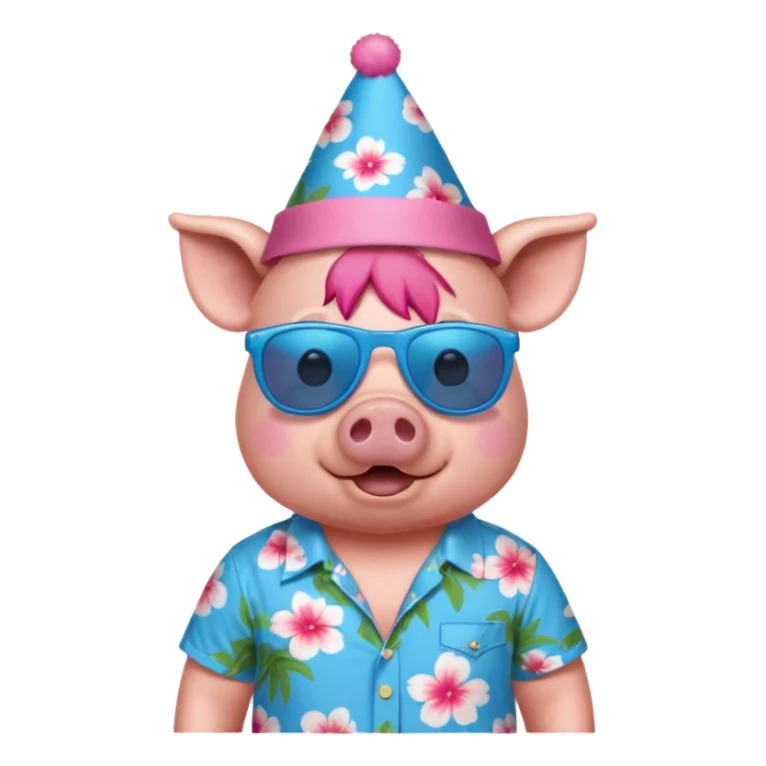 Pig with blue aloha shirt, birthday hat, sunglasses sticker