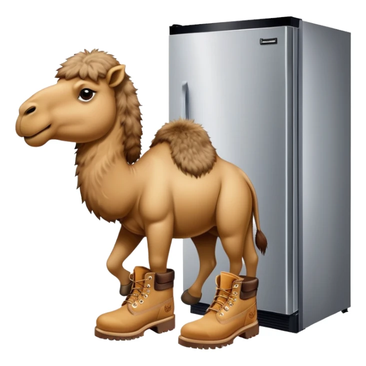 A stainless steel refrigerator with a camel head emerging from the freezer door and camel legs with tan Timberland work boots at the bottom sticker