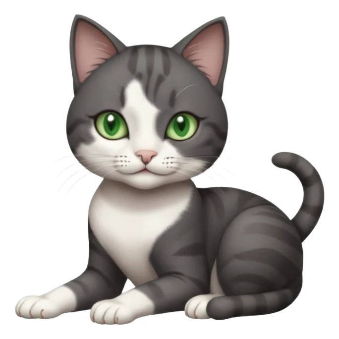 beautiful female solid dark grey cat with green eyes, white toes/paws and white patch on her chest rolling over sticker