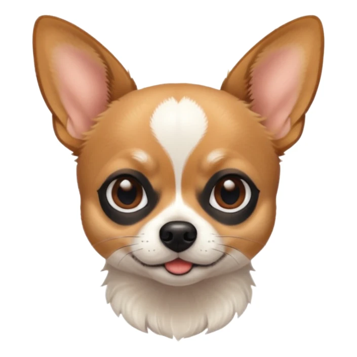 Chihuahua with white black fur on the forehead and a brown snout with a black nose sticker