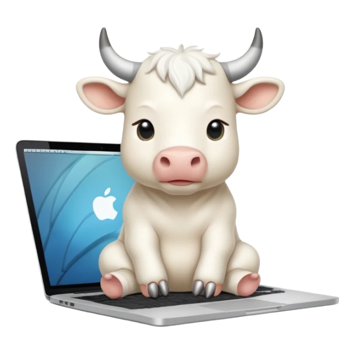 baby white bull sitting in front of a macbook, working  sticker
