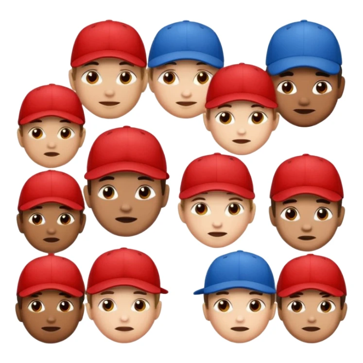 Cartoon face emojis wearing red baseball caps, a few wearing blue caps or tilted caps, all in same style” sticker