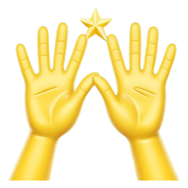 A 3D digital emoji of two yellow cartoon hands doing a joyful high five, palms clapping together in the air, with bright sparkles and motion lines to show excitement and celebration, Apple emoji style sticker