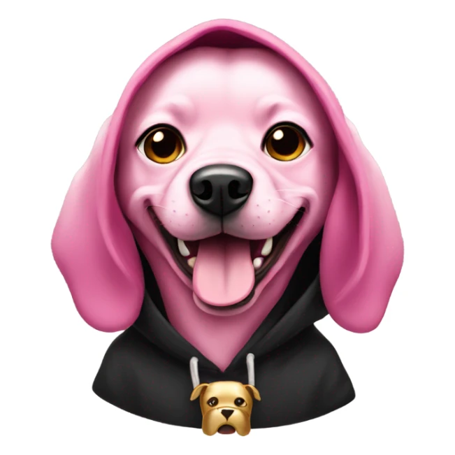 Pink dog wearing a black hoodie with a gold tooth sticker