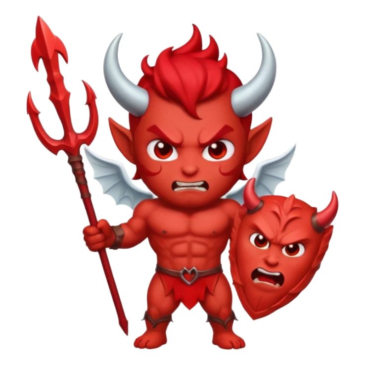 Emoji-style devil: red skin, horns, muscular body, red trident, angry face, same cute emoji style as the angel. sticker