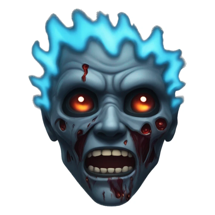 Dark black gray silver maroon zombie face photograph detailed blue flames blue glow sticker