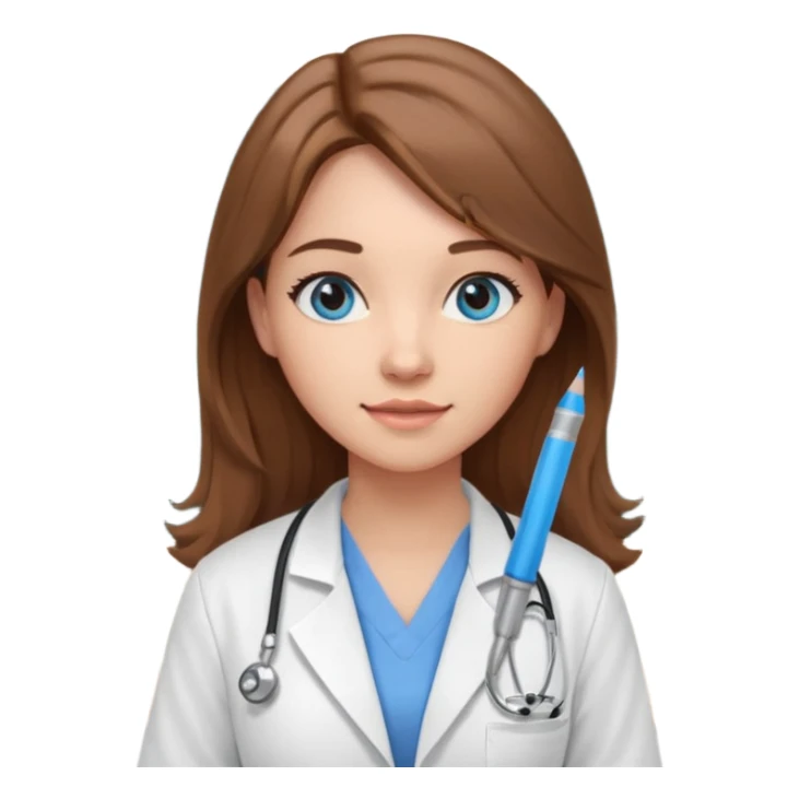 pretty female nursing student with long brown hair, blue eyes inside a classroom at university with blackboard behind her sticker