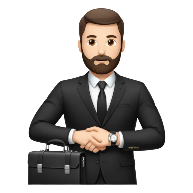 A handsome man, 40+ years old, with a thick beard in a black suit, fair skin, short stylish haircut, full-length photo, wearing an expensive watch, unusual pose, holding a briefcase, pumped up, super realistic emoji sticker