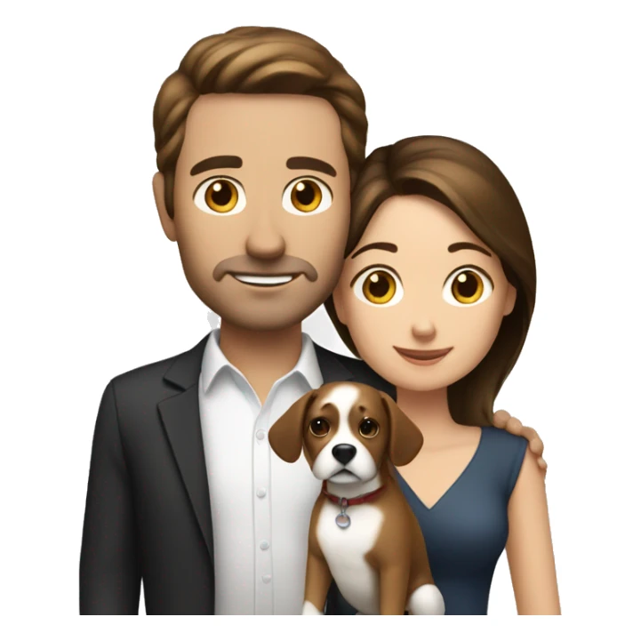 Brunette husband and wife with small white and brown dog sticker