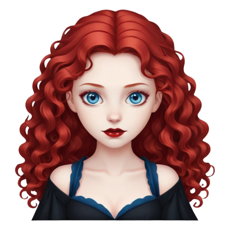 vampire girl with long curly red hair and blue eyes, in a black sticker