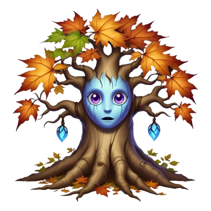 An ancient, psychic tree evolves by absorbing the essence of fallen autumn spirits, sprouting a radiant leaf, channels both forest wisdom and fiery seasonal magic through its gnarled. Purple eyes, blue eyes sharp teeth, bark wood skin, heterochromatic eyes, maple leafs sticker
