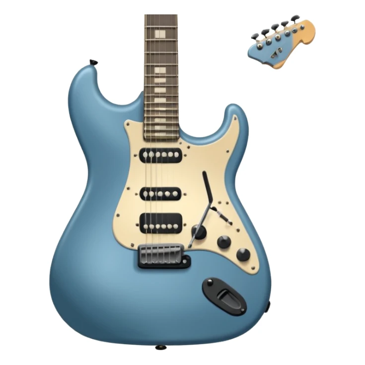 A gray-blue electric guitar with a black pick guard and only one volume knob, make the head tan sticker