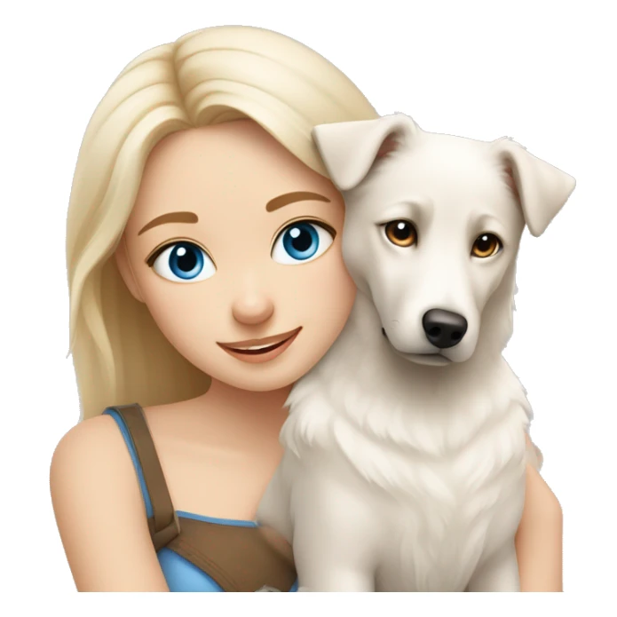Blond girl with blue eyes cuddles a white Sheppard dog with brown eyes  sticker
