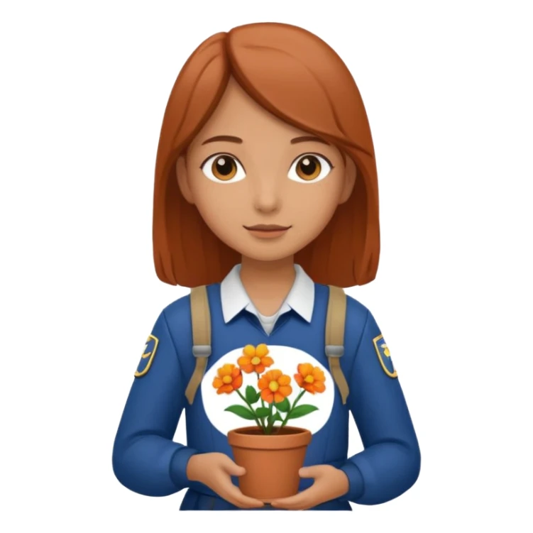 young girl wearing packpack, wearing uniform, holding a flower pot sticker