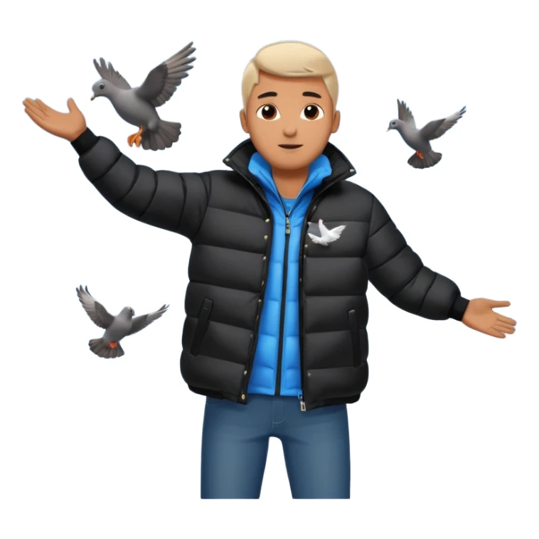 puffer shiny black jacket man open arms looking at a flying pigeon sticker