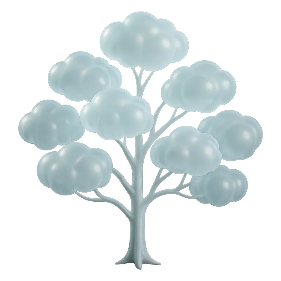 one tree with many branches and a white trunk, crown made of small very bright white fluffy convex clouds, matte glass style sticker