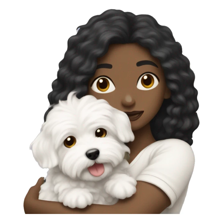 A long black-haired white woman hugging white maltipoo sticker