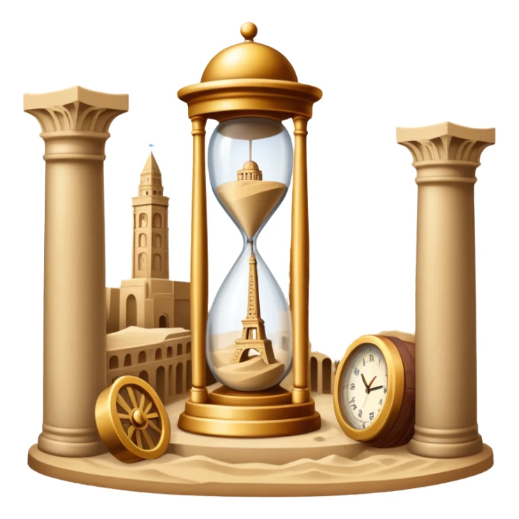 icon featuring ancient scrolls, quill pen with famous historical landmarks and monuments in the background like colliseum. Large, antique sand clocks with sand pouring out represent the passage of time. Historical figures are depicted as statues. Transparent background. sticker