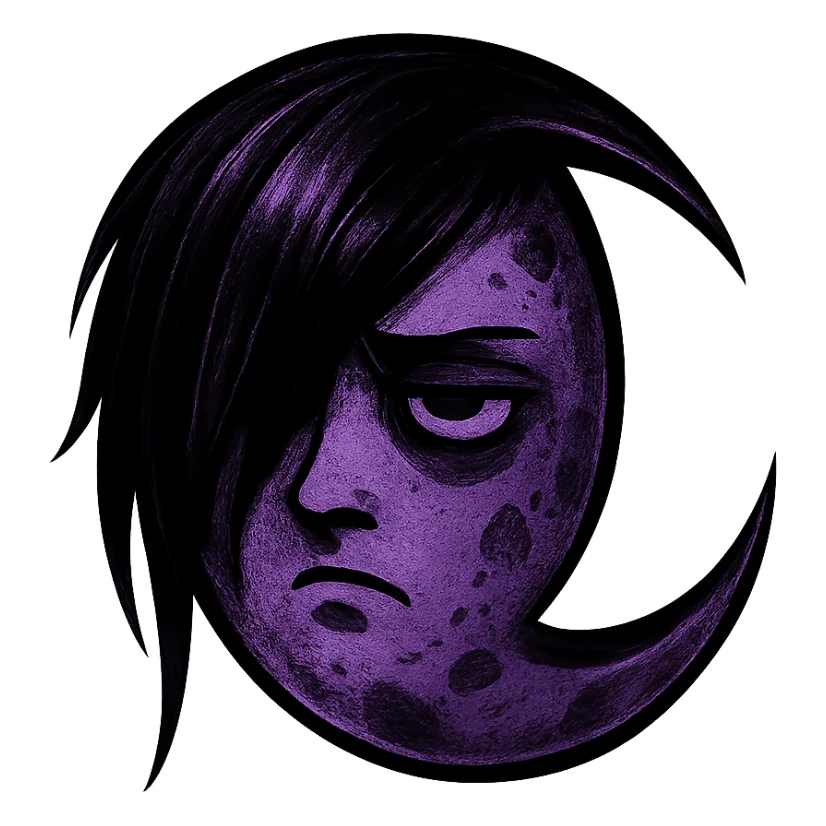 emo-style moon, black and purple, moody, no background sticker