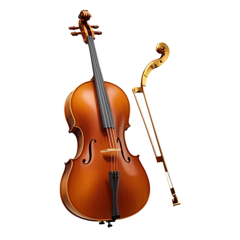 Create an elegant and refined emoji representing the Cremona cello with a Hans Klein HKCB bow. The design should feature the curved wooden body of the cello with a rich, glossy finish, capturing its classical shape and intricate details. The bow should be displayed with fine craftsmanship, highlighting the hair and the smooth, polished wooden stick. Include subtle musical notes floating around the instrument to emphasize its rich, melodic sound. Use deep wood tones like chestnut brown, gold accents for the fittings, and soft lighting effects to give the instrument a timeless, professional feel. The background should be transparent. sticker