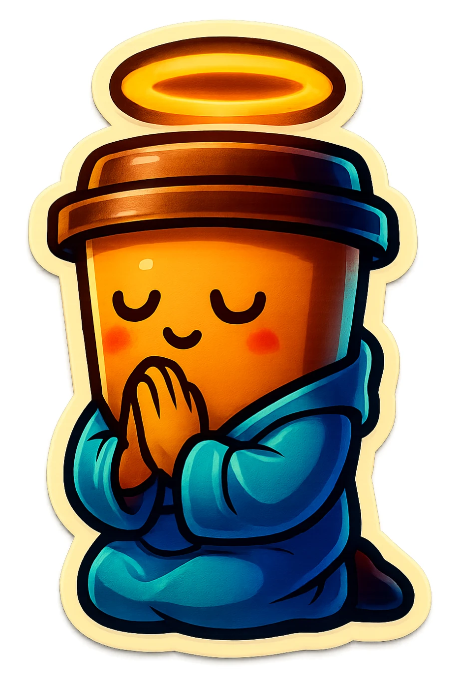Tall coffee cup, bowing on knees, praying, worship, wearing soft blue monk robes, halo sticker