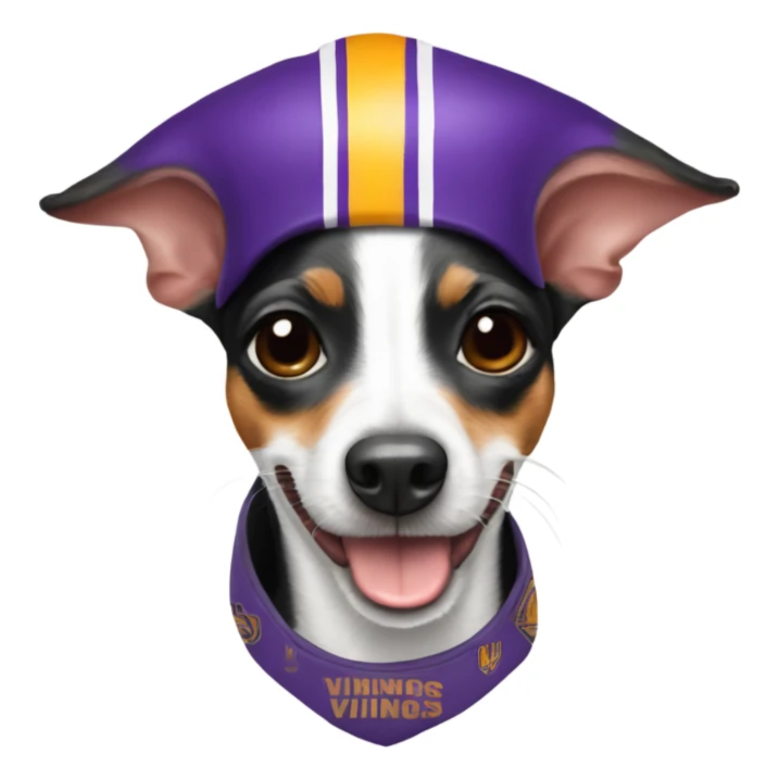 Rat terrier with a vikings football hat sticker