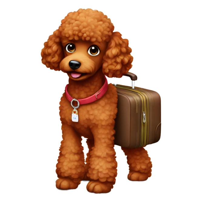Red poodle with a luggage  sticker