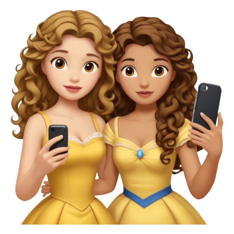 Haz un dos chicad una la princesa Bella de Disney y la otra uo con el pelo rizado largo haciendose un selfie como si et UVI ETB en el perquè de isney sticker