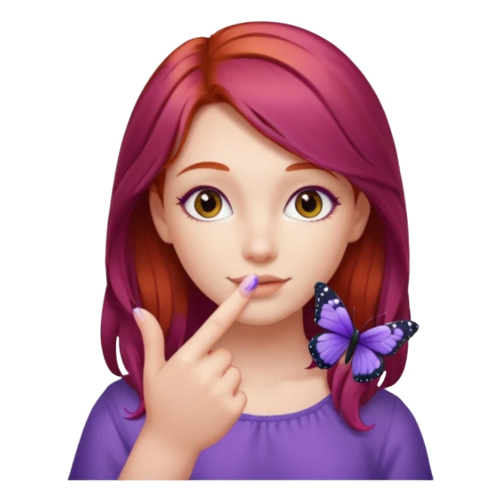 red haired girl finger holding purple butterfly sticker