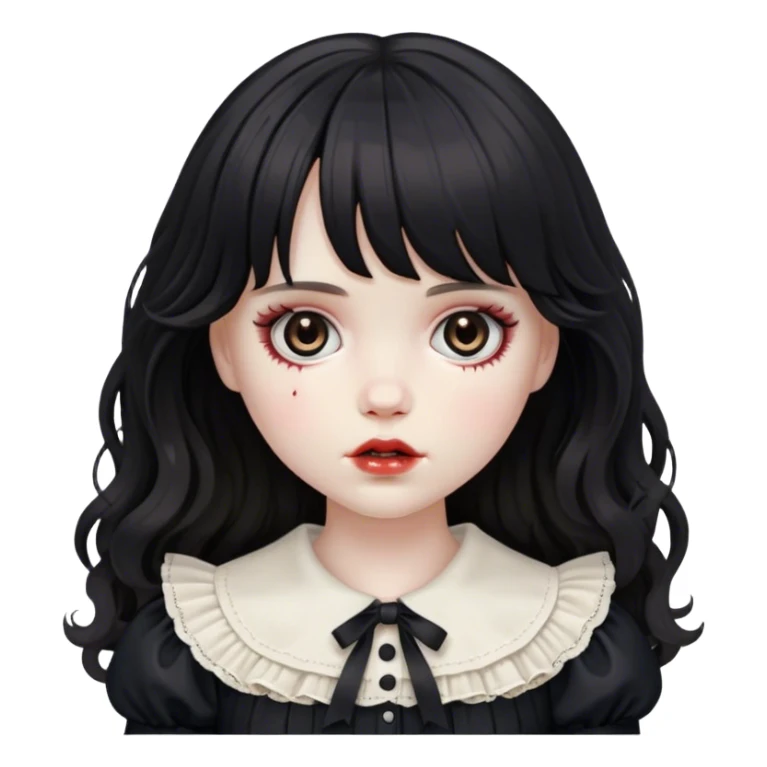 a very pale white girl dead and bleeding feminine with medium length black wavy hair with bangs with big light brown eyes looking like a porcelain doll with black clothes sticker