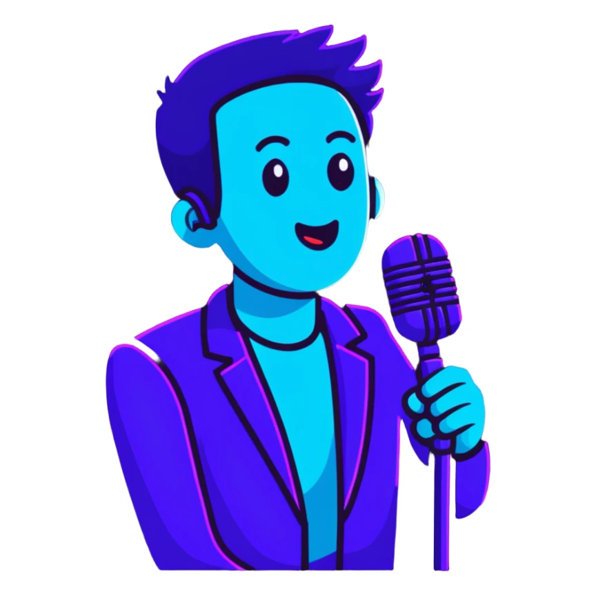 man speaking into a microphone, with neon glow effect, blue neon glow on top left, purple neon glow on bottom right sticker