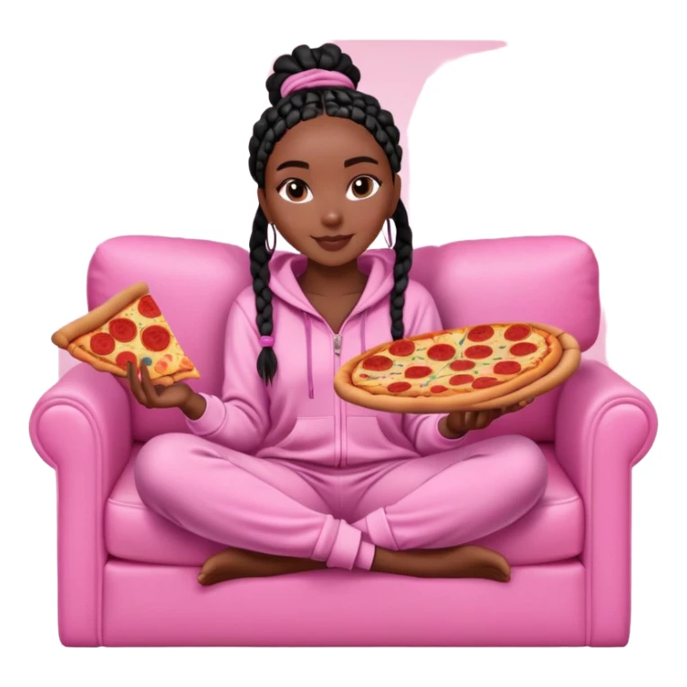 A dark-brown-skinned Black woman with black box braids, sitting on a pink couch, holding an open pizza box.She’s wearing comfy loungewear, looking relaxed and enjoying her food. sticker