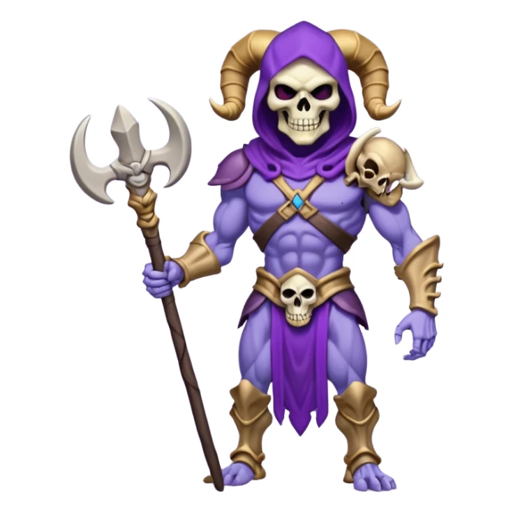 Skeletor, menacing pose, holding staff with ram skull, purple armor sticker