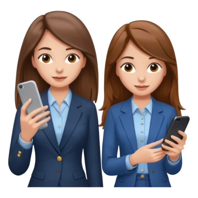 two brown haired girls, looking professional maybe leaned back on back and looking forward and using phones, with longer hair and with some cute clothes sticker