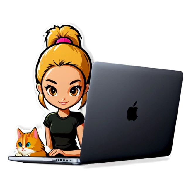 Blonde girl ponytail macBook and a cat sticker