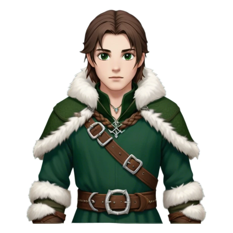 Medieval winter outfit worn by a DnD themed fantasy male character. Double-layered hunter green wool tunic with sable fur collar, featuring silver chain closures and a thick braided leather belt with iron fittings. Clothes only above the waist, full waist coverage. The character has no arms. Character is white-skinned with rich brown hair, amber-flecked eyes, and medium-length straight hair with ice-rimmed edges. sticker