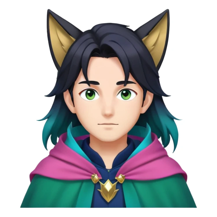 anime man with long-straight-dark-black-gradient hair, long black fox ears with pink Scapha, hazel-gradient-brown-turquoise eyes, gold earring, dark-blue-sweater, green cape,  sticker