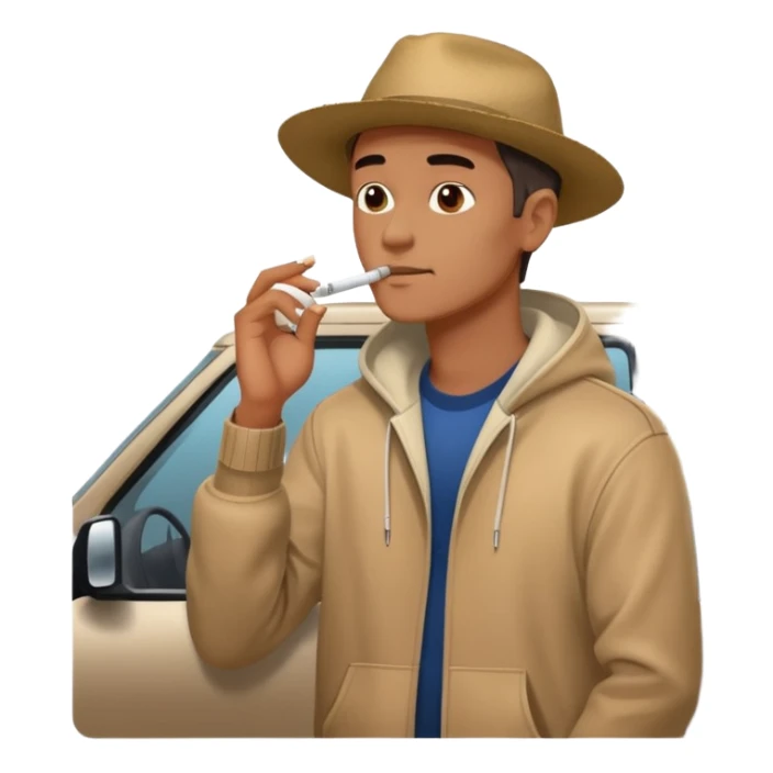 Leaning on the hood of his SUV with a cigarette sticker