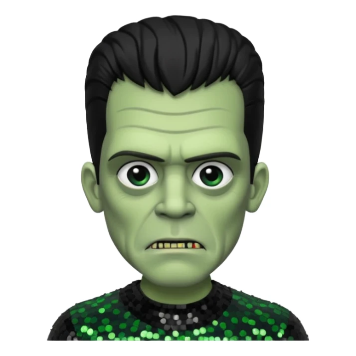 Frankenstein from Universal Monsters with grey green skin, jet black hair, black sequin outfit  sticker