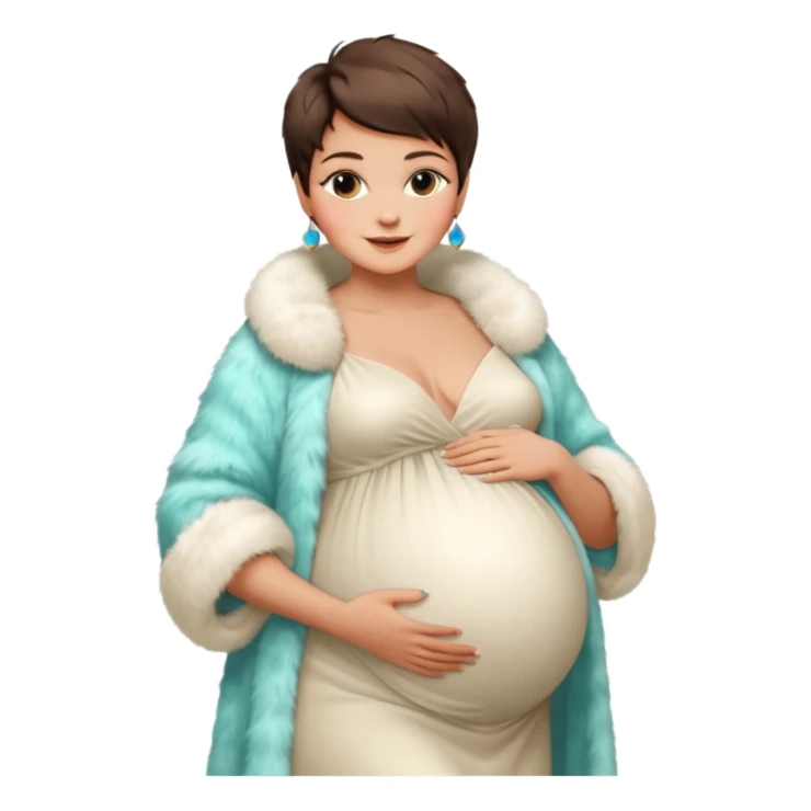 pregnant stylish woman with short pixie brunette hair happily touching her big belly while wearing white gown and fancy fur coat and colorful shades sticker
