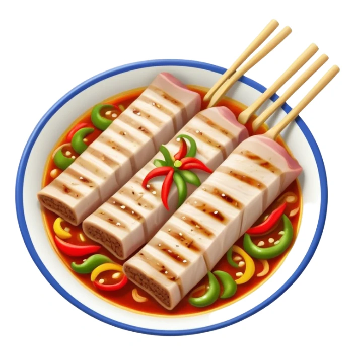 Twice Cooked Pork slices with leek and peppers, simplified emoji style with bold outlines and bright colors, cartoon style Hui Guo Rou Sichuan specialty sticker