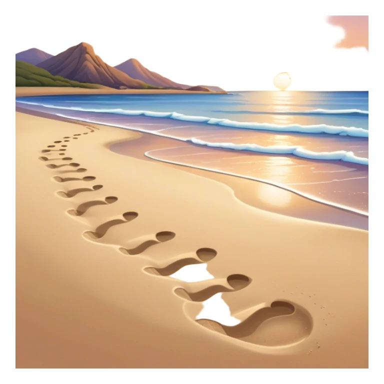 A quiet beach at sunset. **Baby footsteps trail behind larger ones**,  sticker